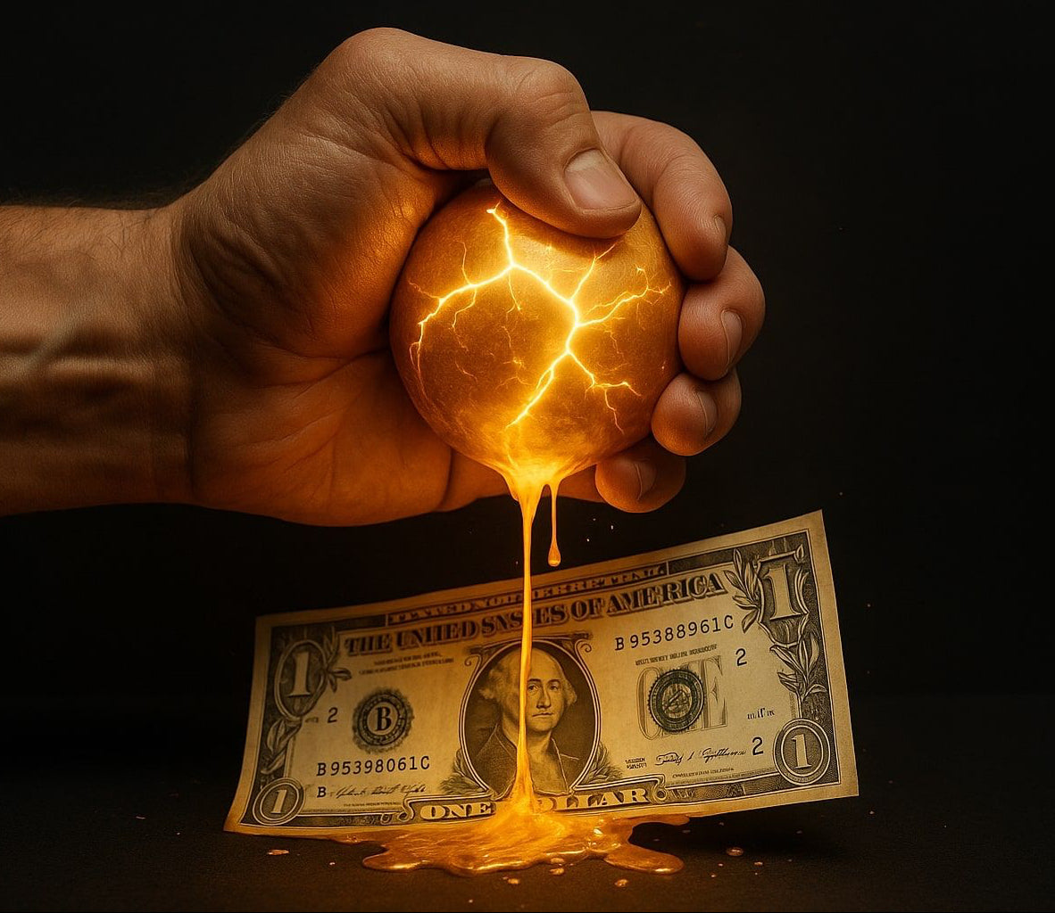 Hand holding a glowing orb over a one-dollar bill on a dark background