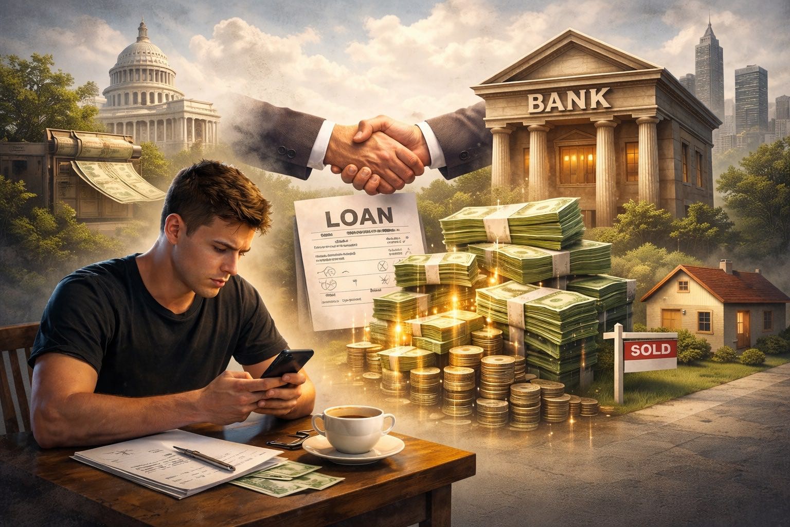 Man using a phone with stacks of money, a bank building, and loan document in the background.