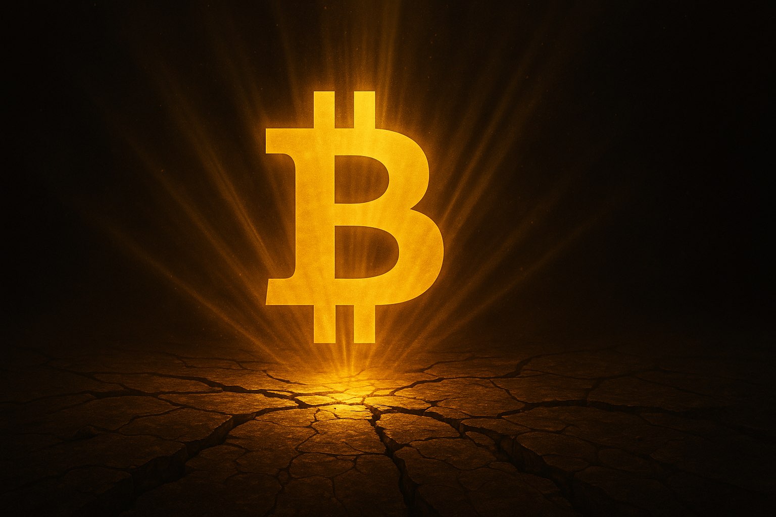 Glowing Bitcoin symbol on a dark, cracked surface