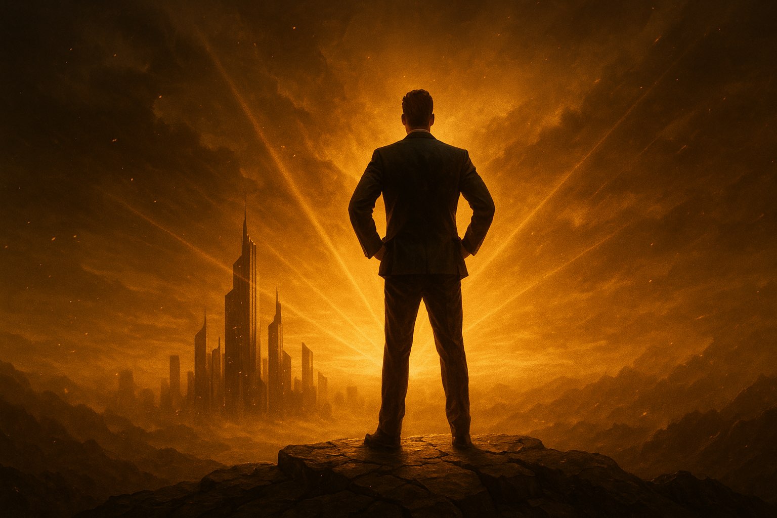 Man in a suit standing on a rocky outcrop with a futuristic cityscape in the background under an orange sky.