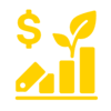 Logo with a dollar sign, bar graph, and plant on a green background