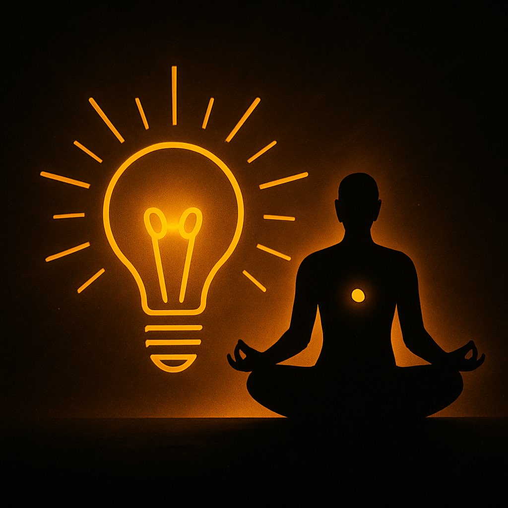 Silhouette of a meditating person with a glowing light bulb icon on a dark background