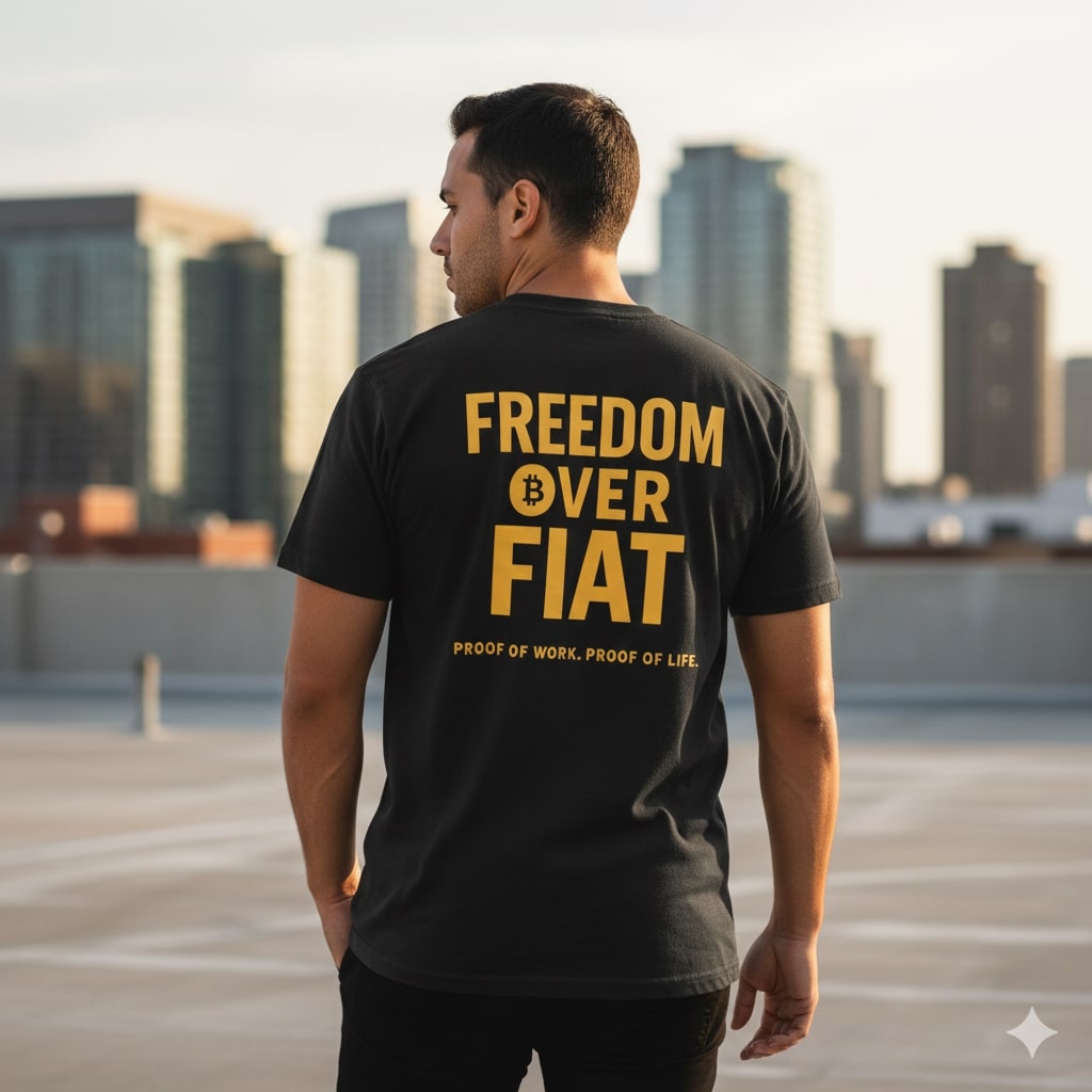 Person wearing a black t-shirt with 'Freedom Over Fiat' text on the back, standing on a rooftop with a cityscape in the background.