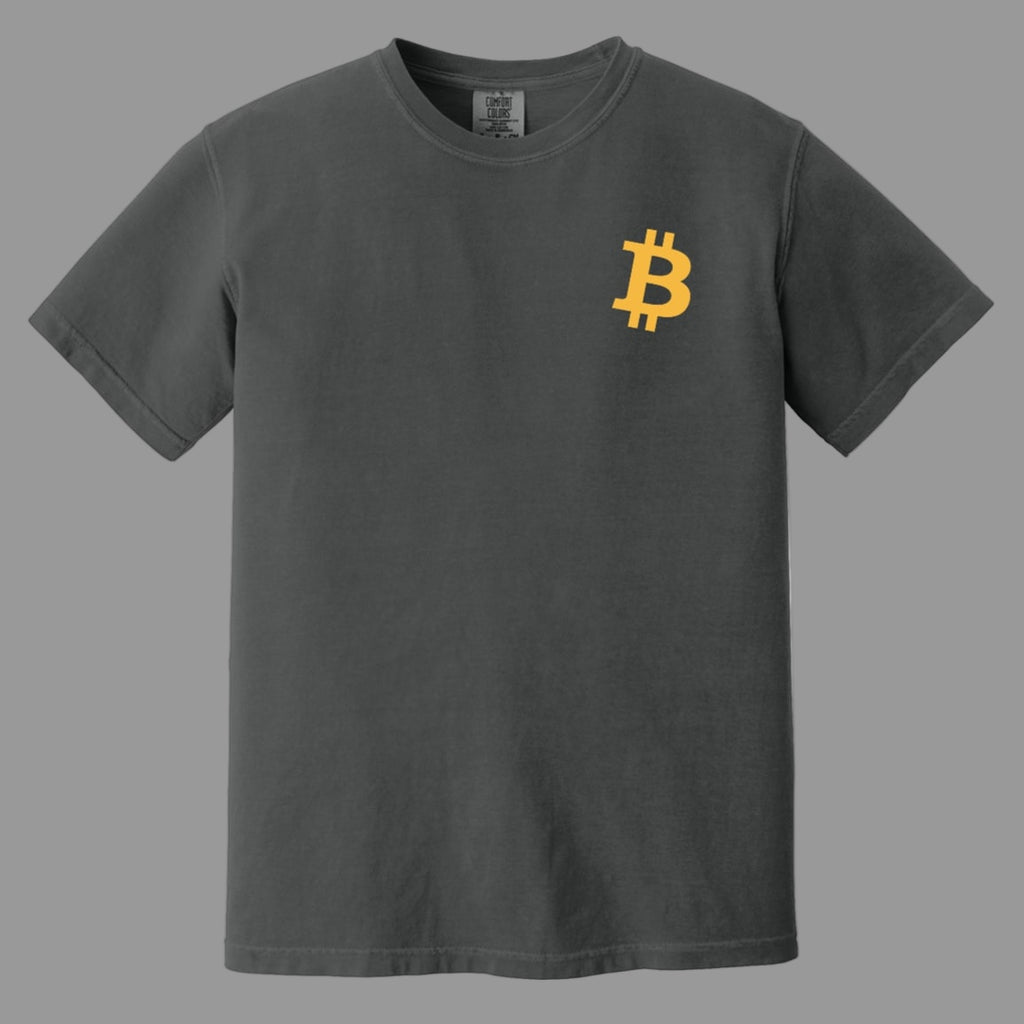 Gray t-shirt with a yellow Bitcoin logo on a white background