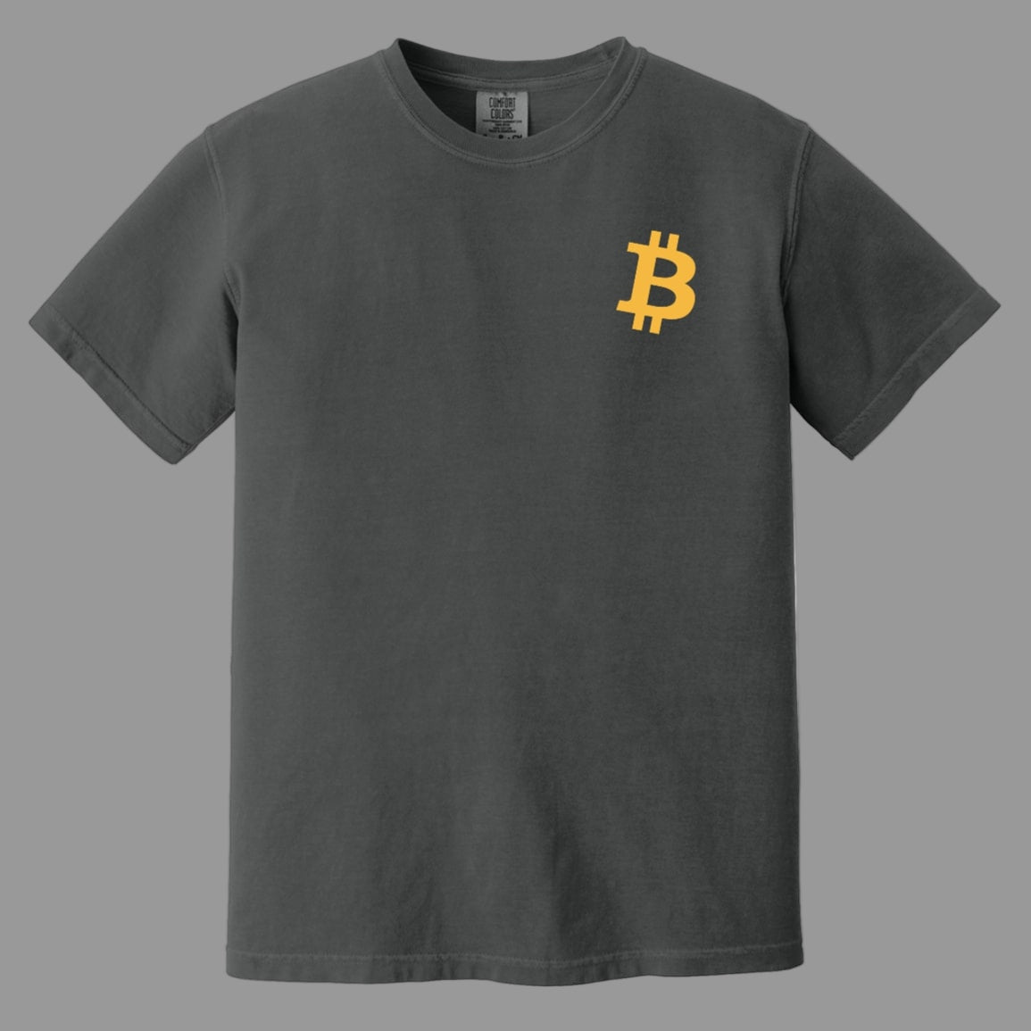 Gray t-shirt with a yellow Bitcoin logo on a white background