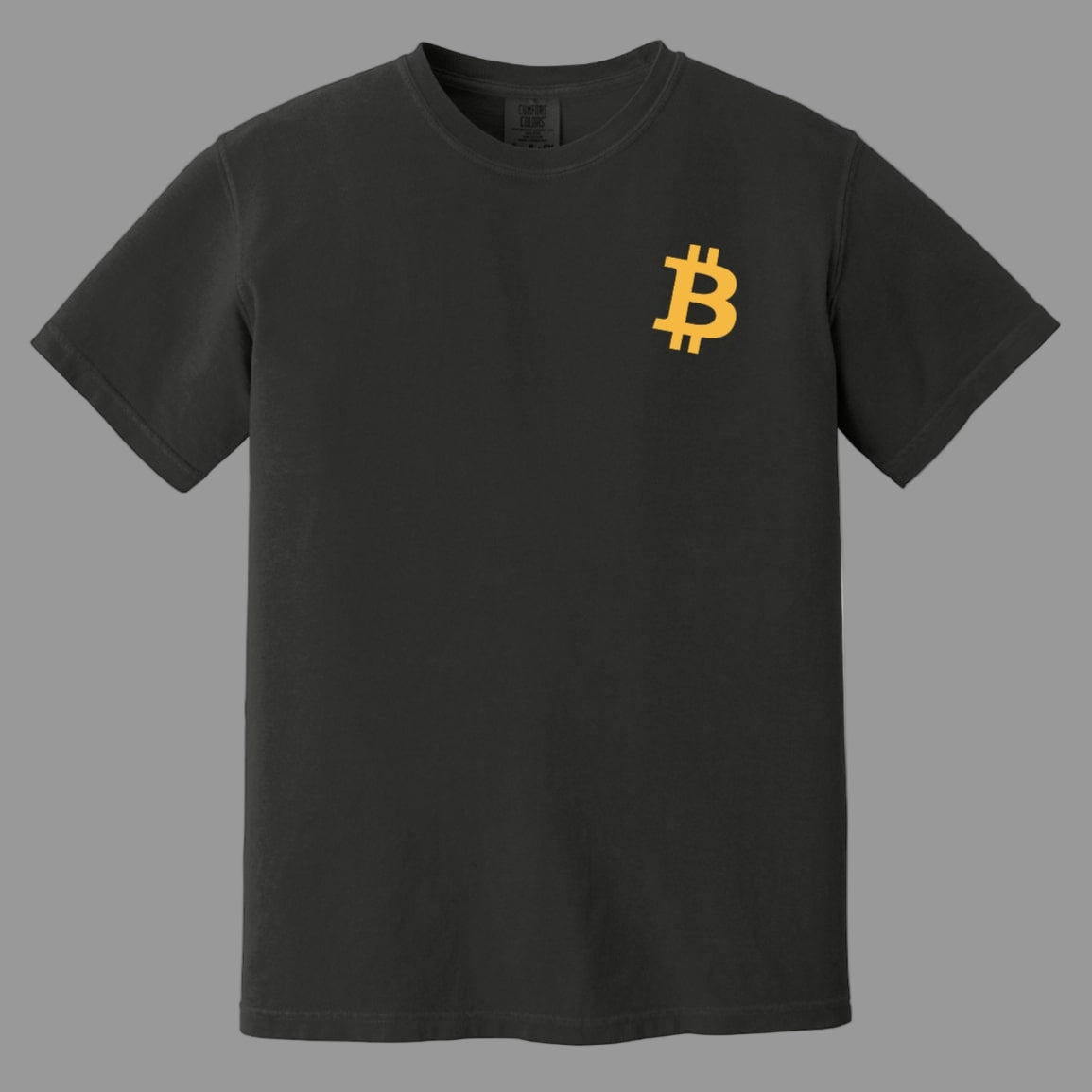 Black t-shirt with a yellow Bitcoin symbol on a white background
