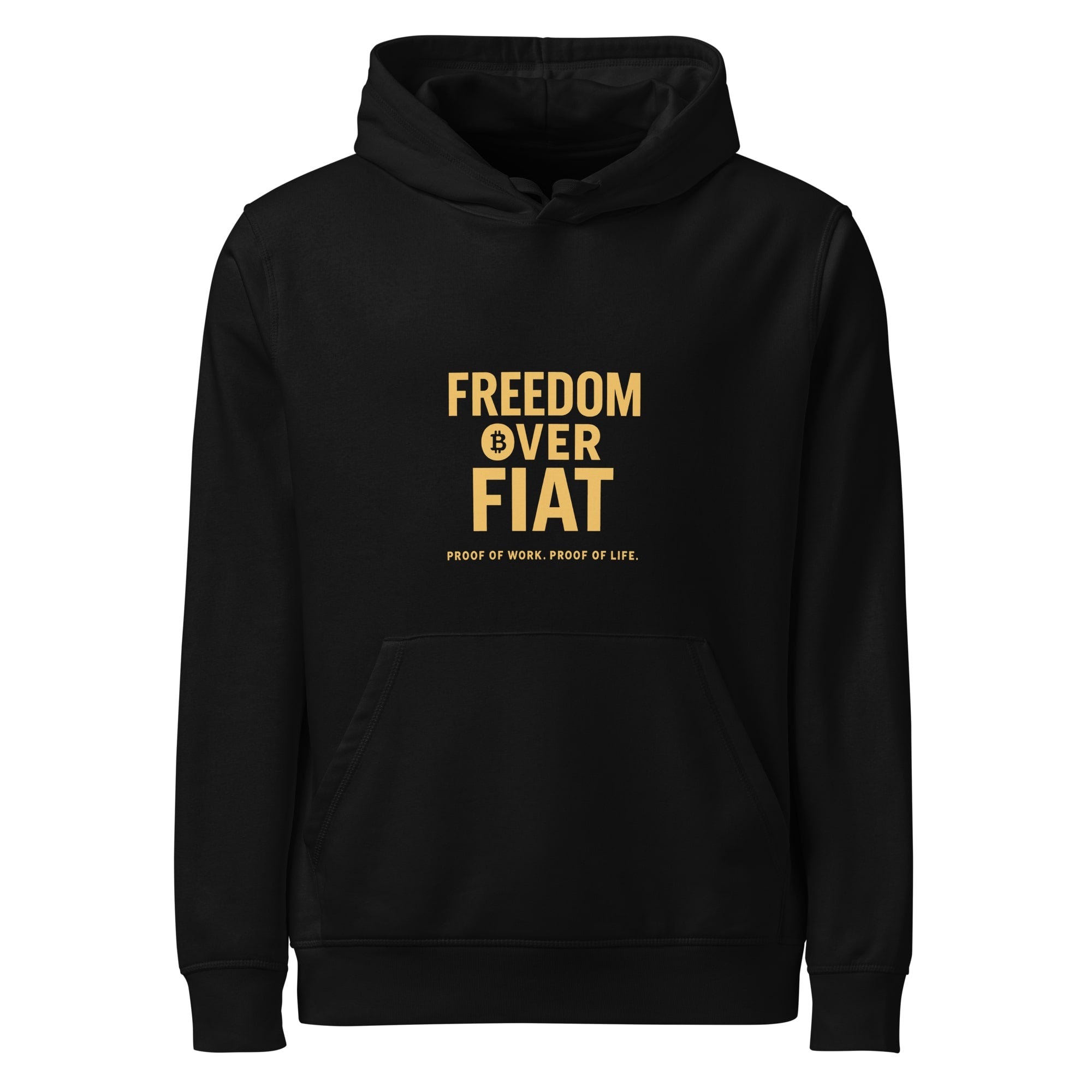 Black hoodie with 'Freedom Over Fiat' text in gold on a white background