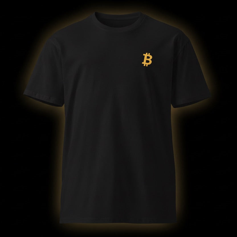 Black t-shirt with a gold Bitcoin logo on a dark background