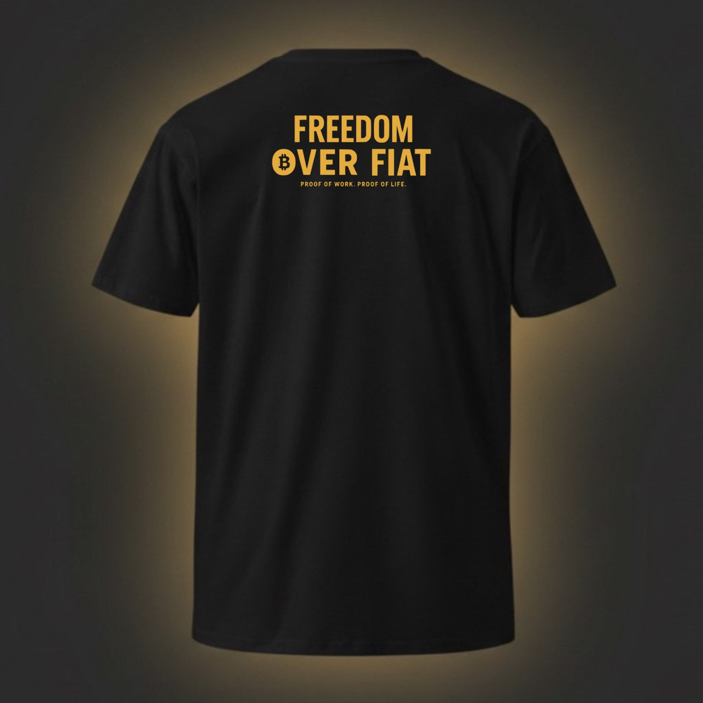 Black t-shirt with yellow text 'Freedom Over Fiat' on a dark background
