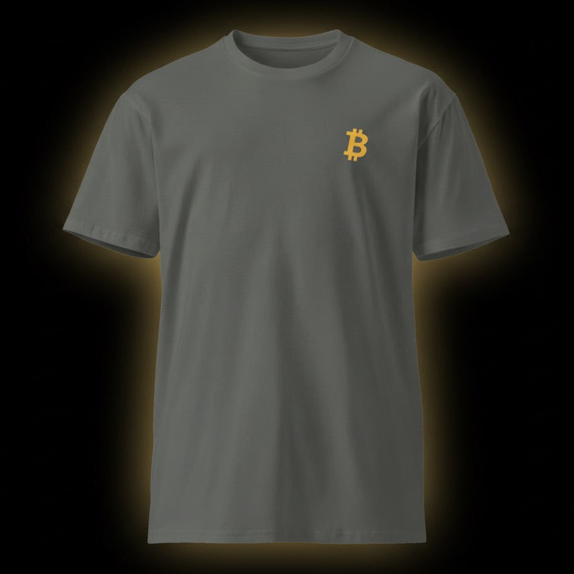 Charcoal t-shirt with Bitcoin logo on a black background