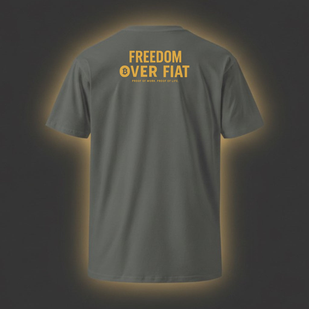 Gray t-shirt with 'Freedom Over Fiat' text on the back against a dark background