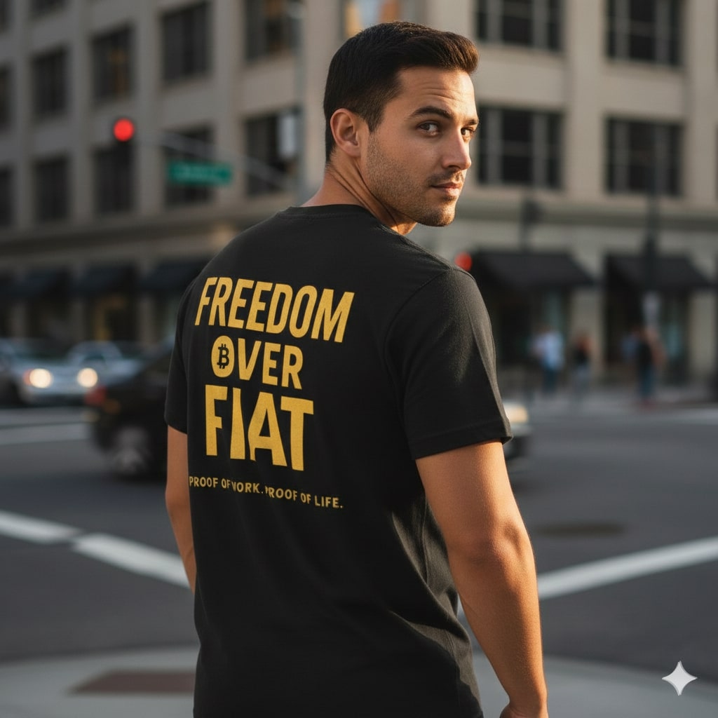 Man wearing a black t-shirt with 'Freedom Over Fiat' text on the back, standing on a city street.