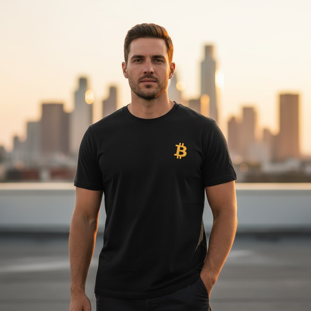 Man wearing a black t-shirt with a yellow Bitcoin logo against a city skyline at sunset.