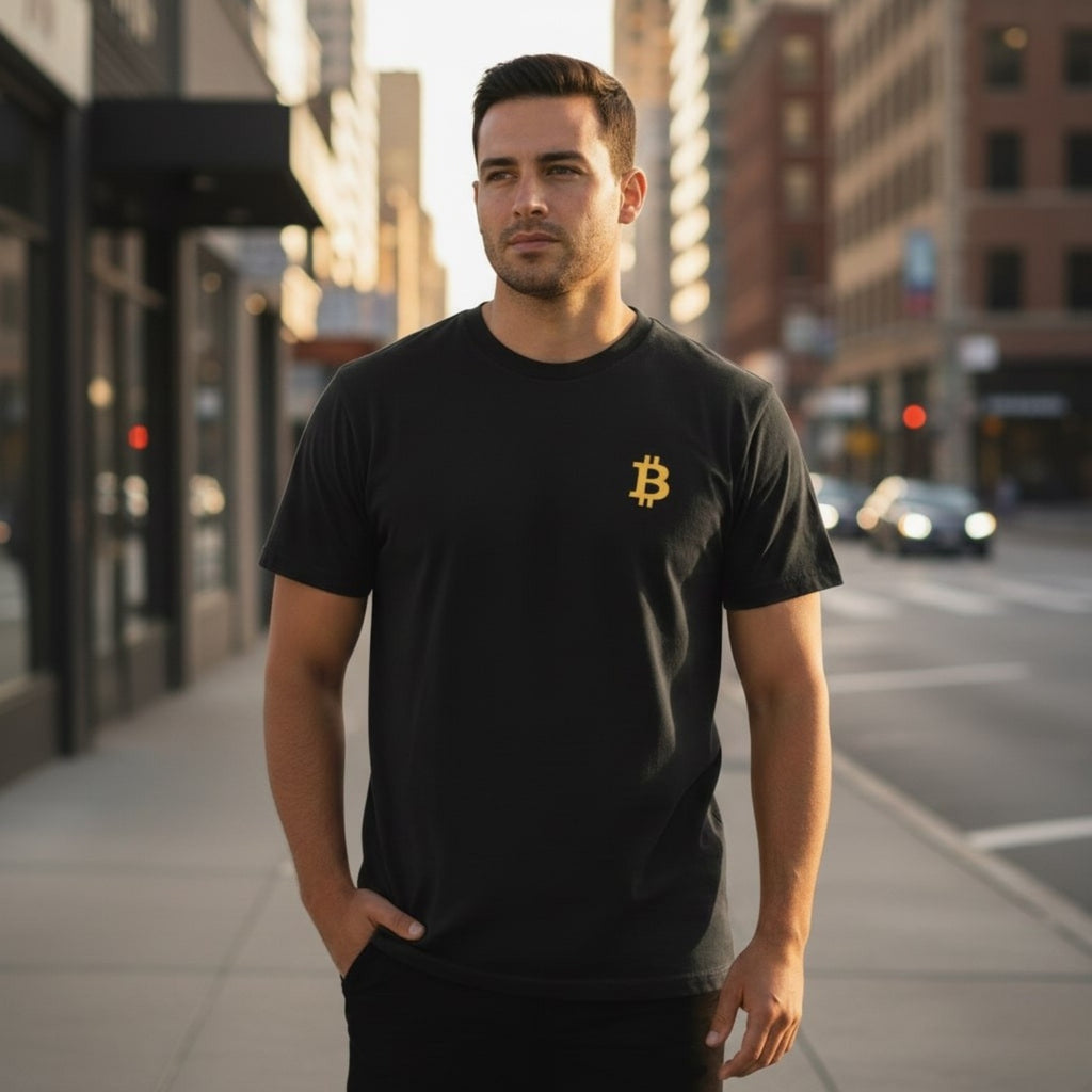 Man wearing a black t-shirt with a Bitcoin logo on a city street.