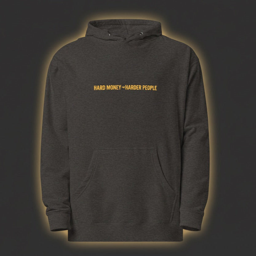 Dark gray hoodie with yellow text on a dark background
