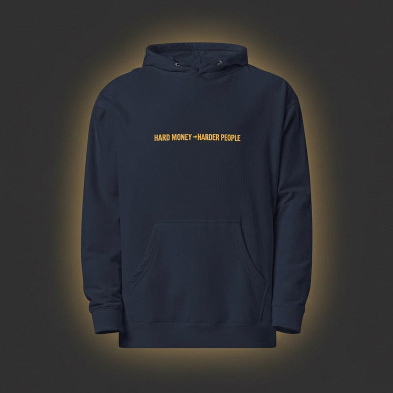 Navy hoodie with yellow text on a dark background