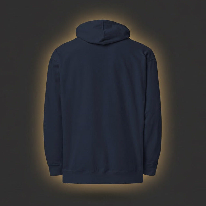 Navy blue hoodie on a dark background