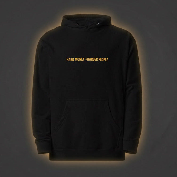 Black hoodie with yellow text on a dark gray background