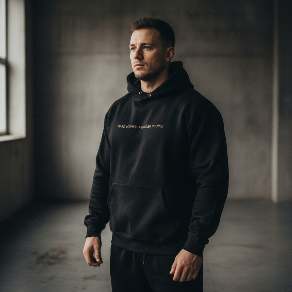 Man wearing a black hoodie with text in an indoor setting