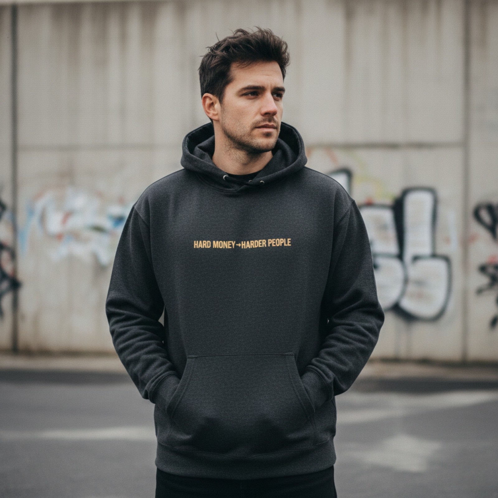 Man wearing a black hoodie with text, standing in front of a graffiti-covered wall.