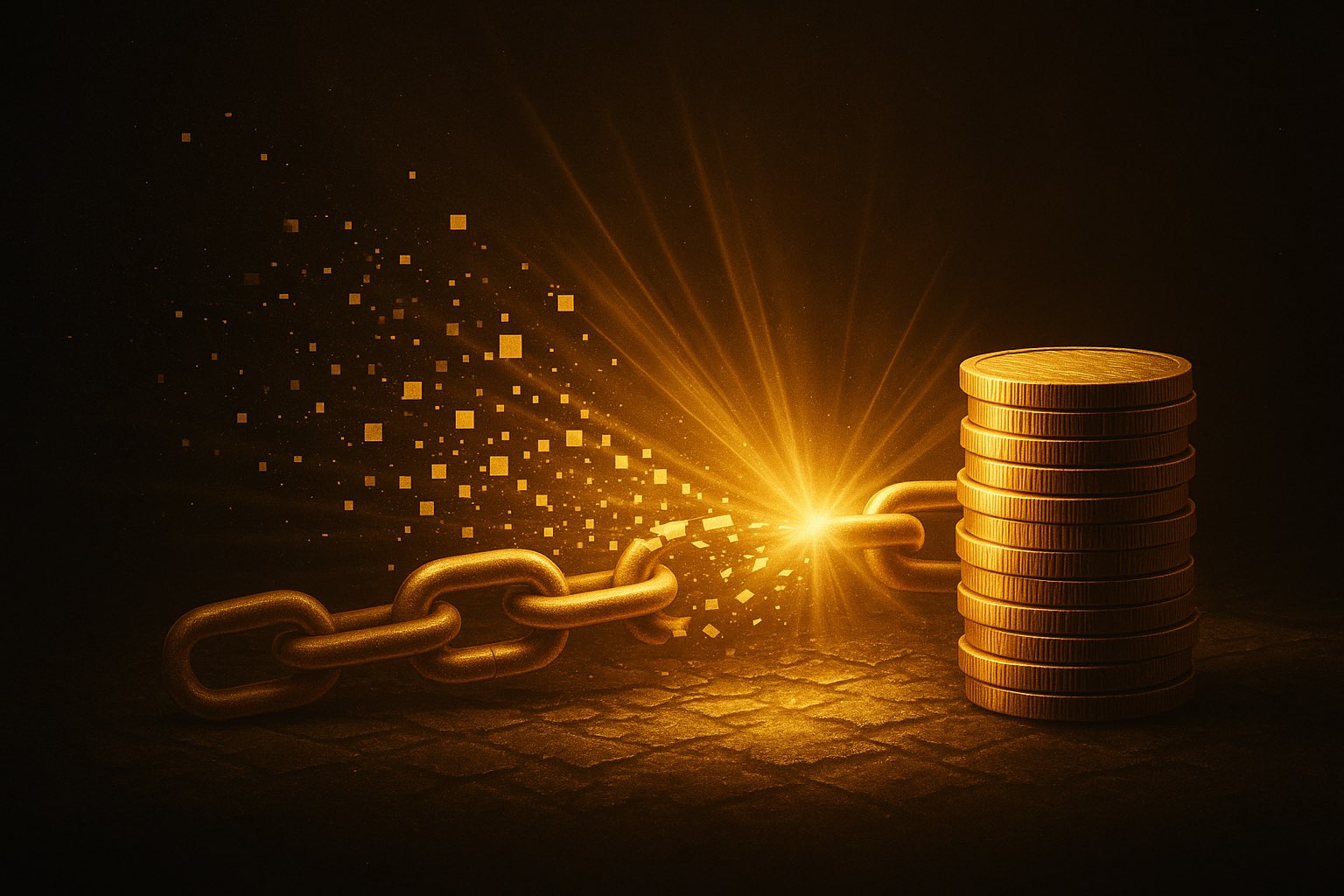 Stack of gold coins with a glowing chain breaking through them on a dark background