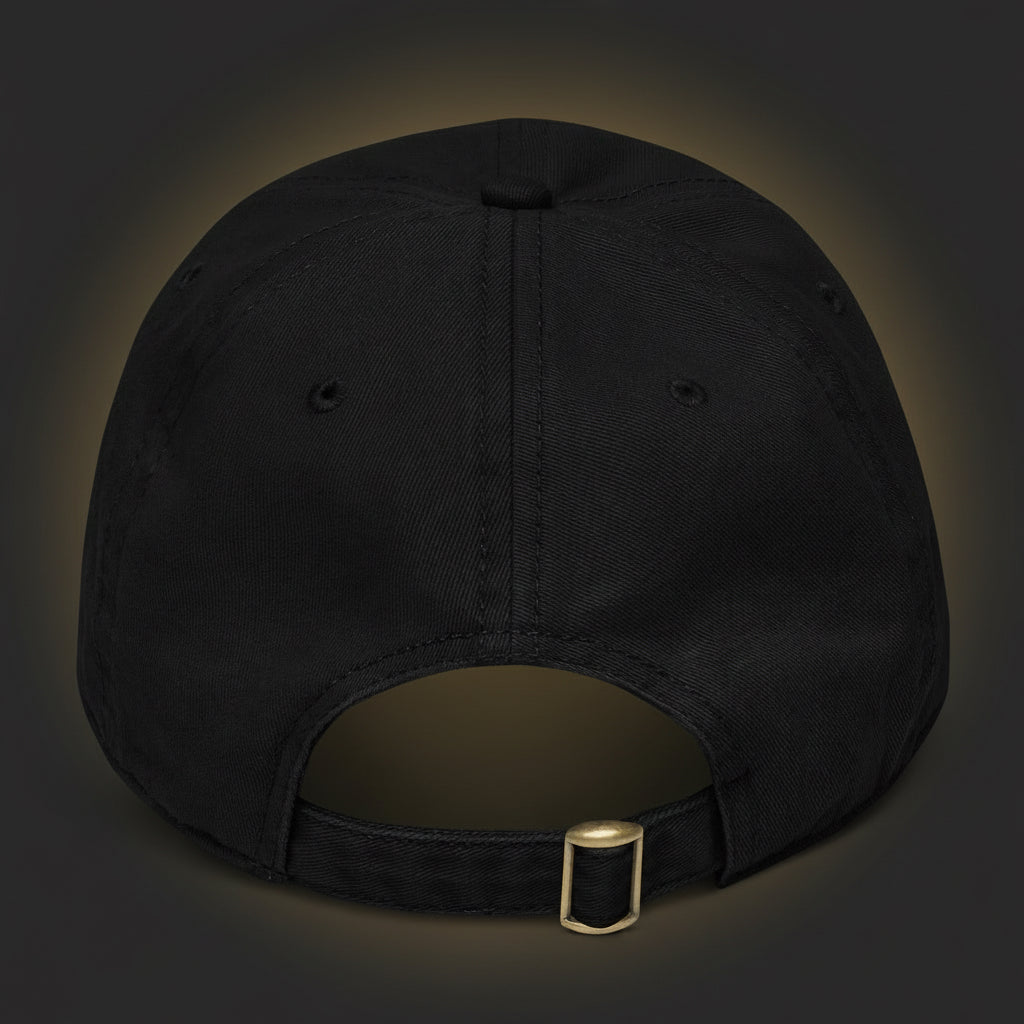 Black cap with a gold buckle on a white background