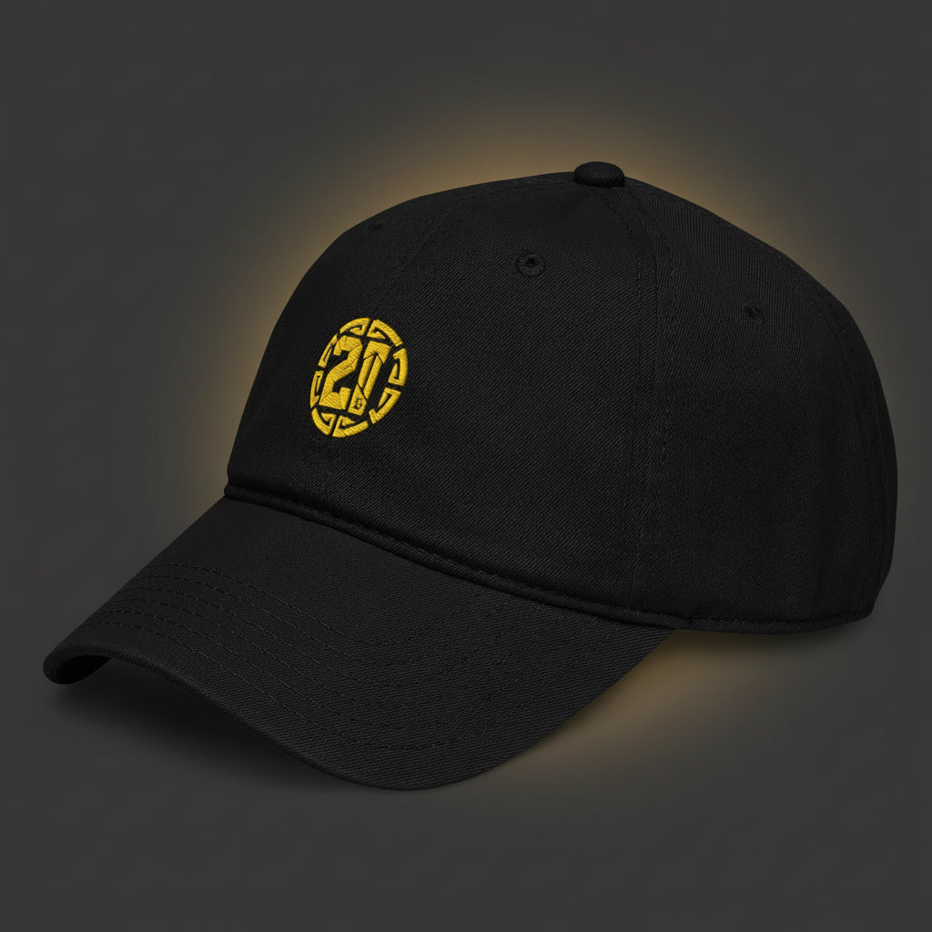 Black cap with yellow logo on a white background