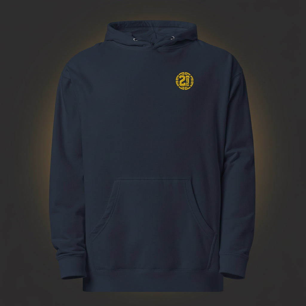 Navy blue hoodie with a yellow logo on a white background