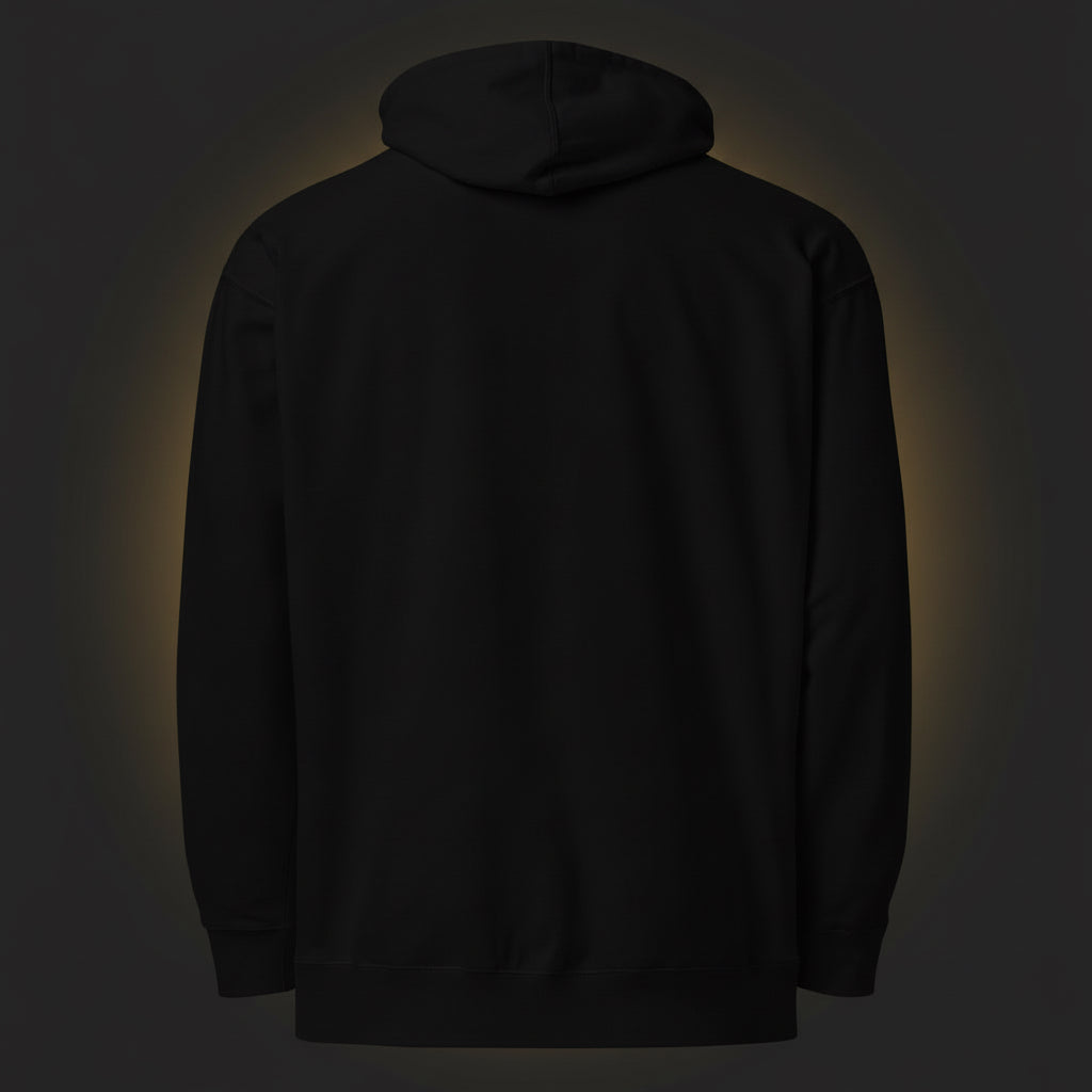 Black hoodie shown from the back on a white background