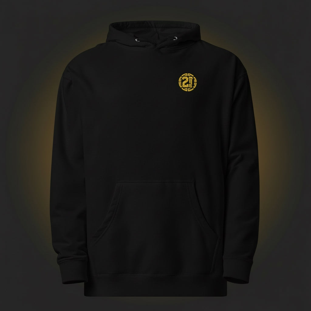 Black hoodie with a yellow logo on the chest against a white background