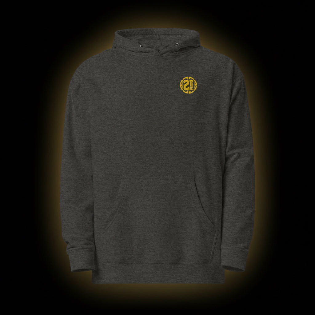 Dark gray hoodie with a yellow logo on the chest against a white background