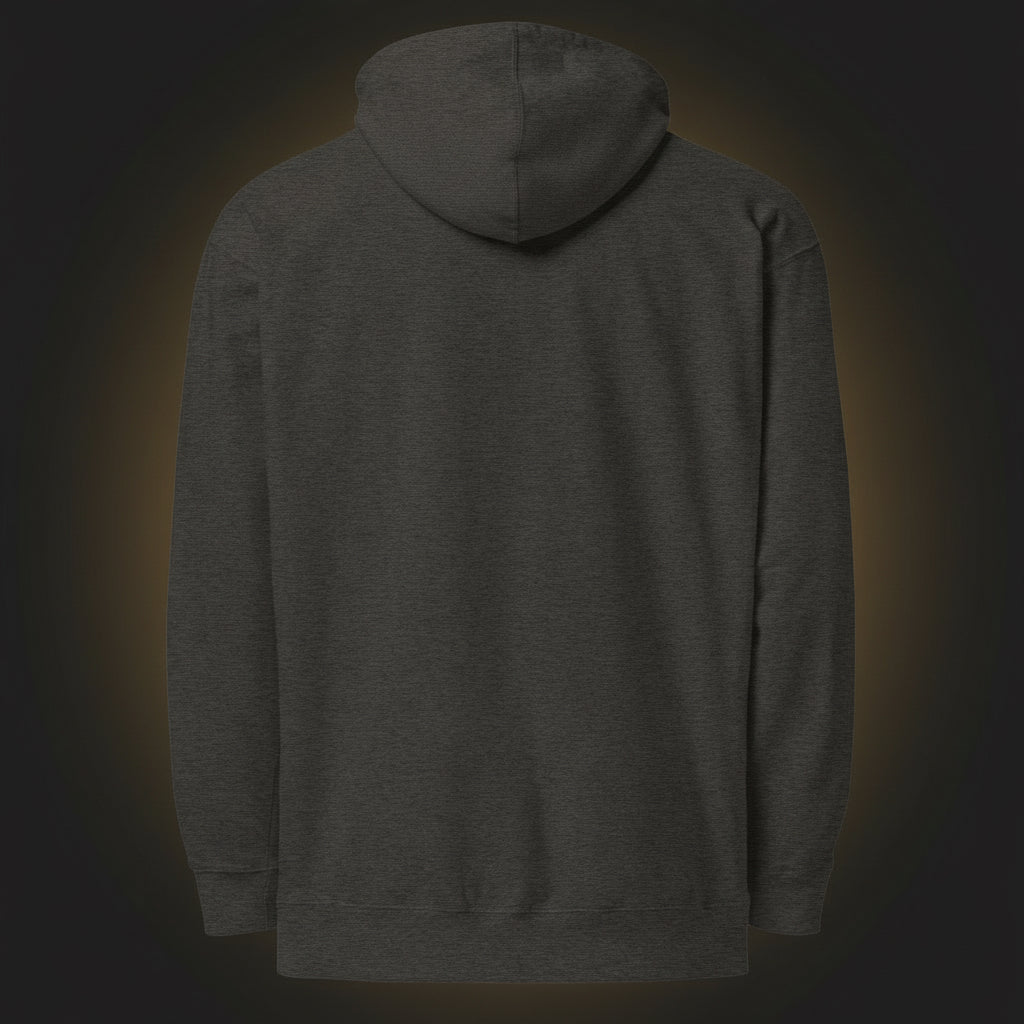 Dark gray hoodie shown from the back on a white background