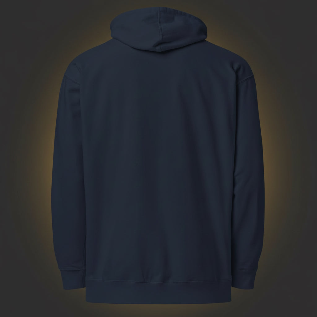 Navy blue hoodie shown from the back on a white background