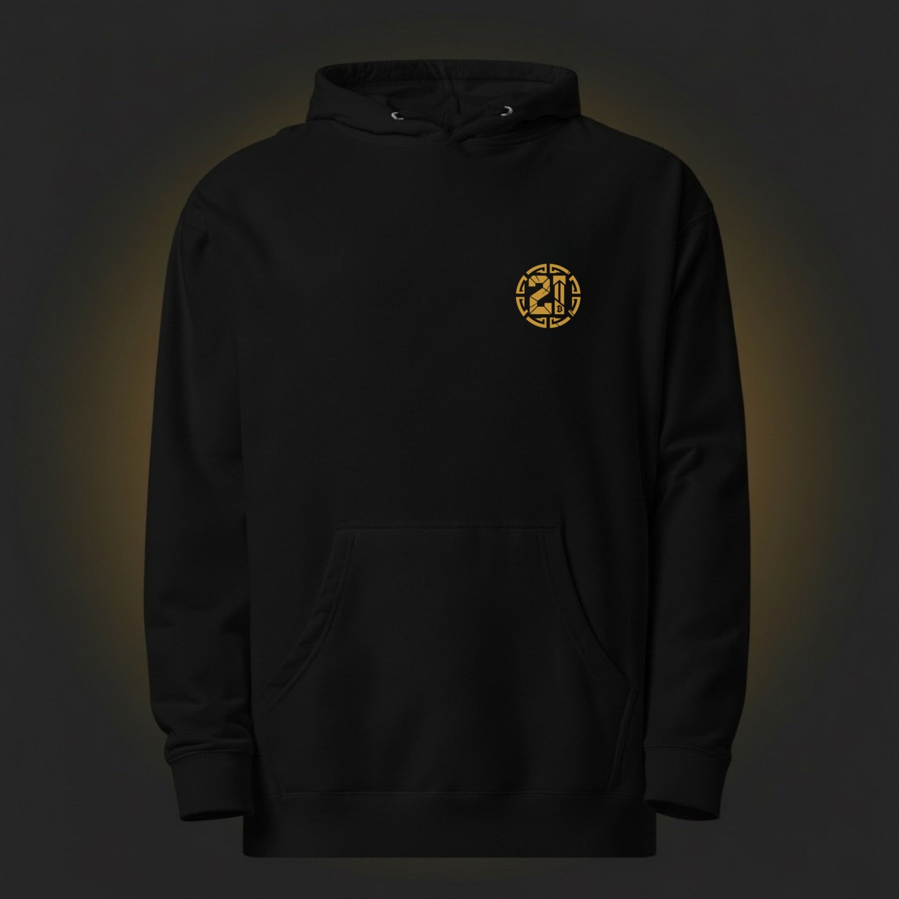 Black hoodie with a gold logo on a dark background